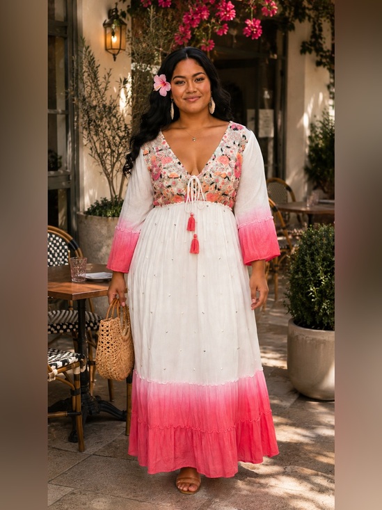Zury Dresses & Skirts - NWT Enchanting Ivory and Pink Floral Embroidered Maxi Dress with Soft Ombre Hem